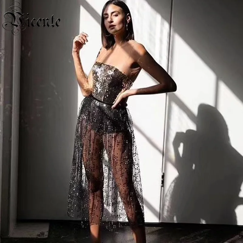 

Vicente HOT 2019 New Trendy Beads Sequins Embellished Mesh Splicing Sleevesless Wholesale Women Celebrity Party Wear Dress