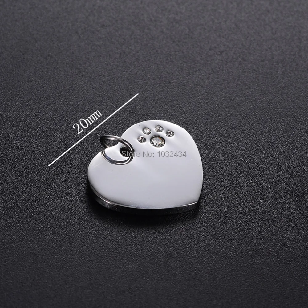 

50pcs/lot Stainless Steel Rhinestone Heart Dog Tag ID Pet Tags Blank for Print Pendants Mirror Polished Pendant Free Shipping