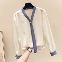 Большие размеры v-образным вырезом Женская одежда весенние женские топы и блузки 2019 галстук-бабочка Длинные рукава Белый DF2200