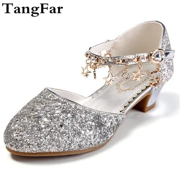 

Girls High Heel Sandals Paillette Beads Pointed Toe Children Performance Shoes Fashion PU Leather Toddler Sneakers Shoes