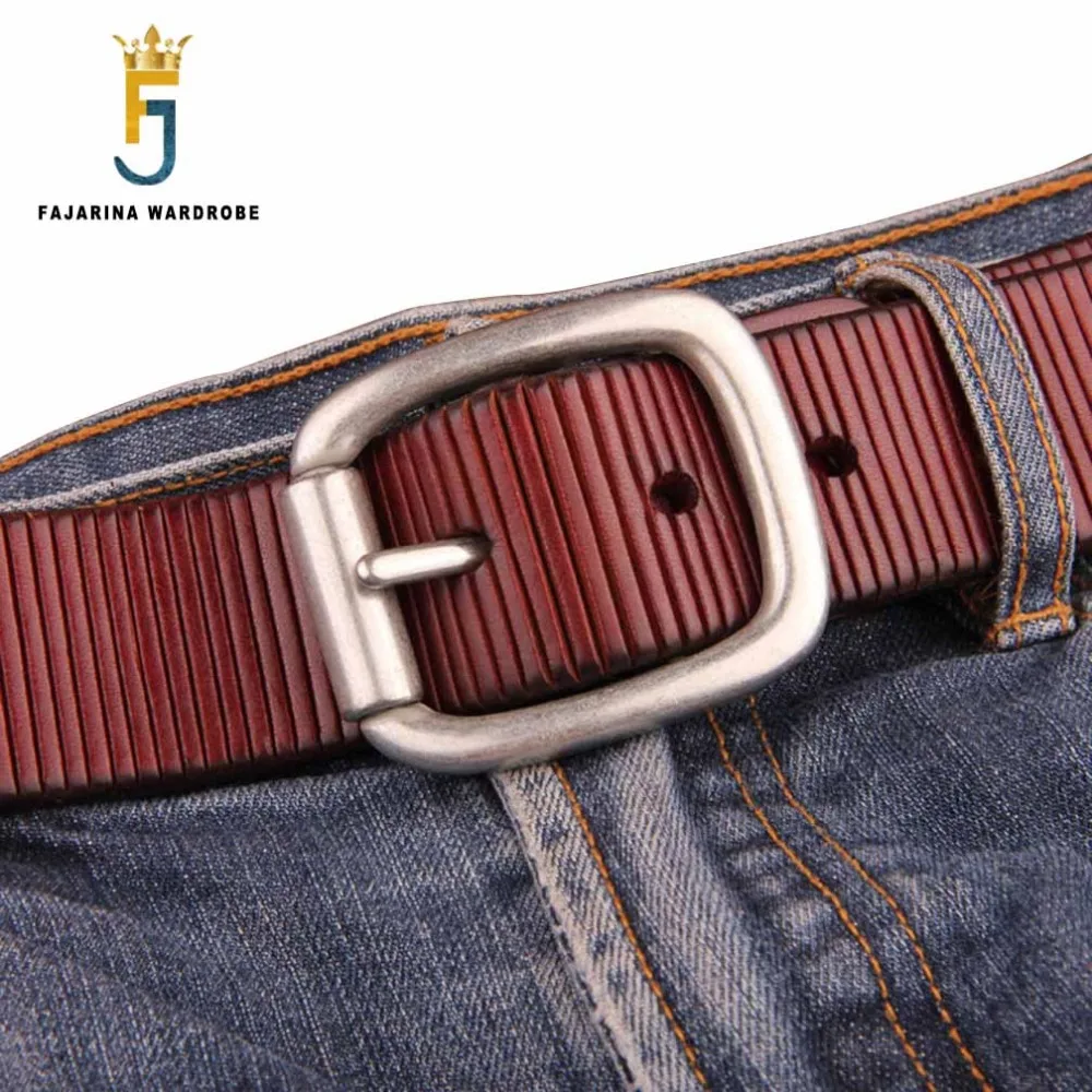 

FAJARINA Unisex Quality Retro Styles Jeans Belt Striped Line Genuine Leather Black Clasp Buckle Belts for Male Female N17FJ198