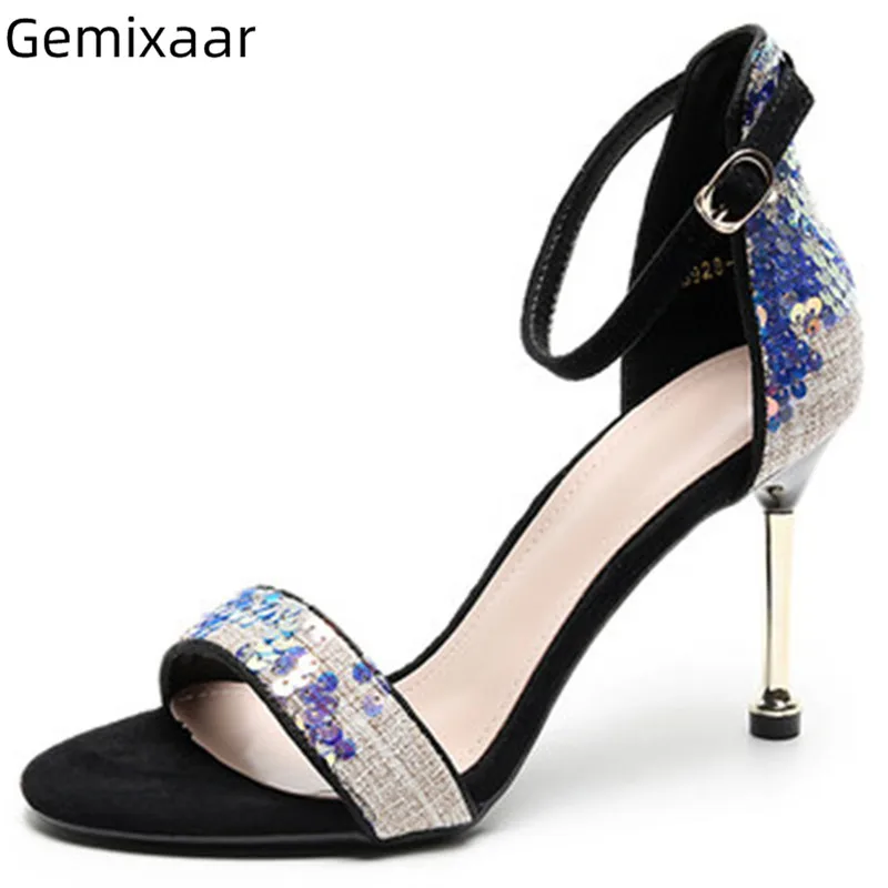 

Mature Sequined Sandals Shoes Women One Strap Round Toe Ankle Buckle Sandalias Thin Gladiator Heel Blue Sequins Sandals Woman