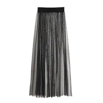 

Sexy See Through Mesh Maxi Long Tulle Skirt Ultra-Thin Pleated Flowy Solid Color High Waist Cocktail Party Clubwear Single Layer