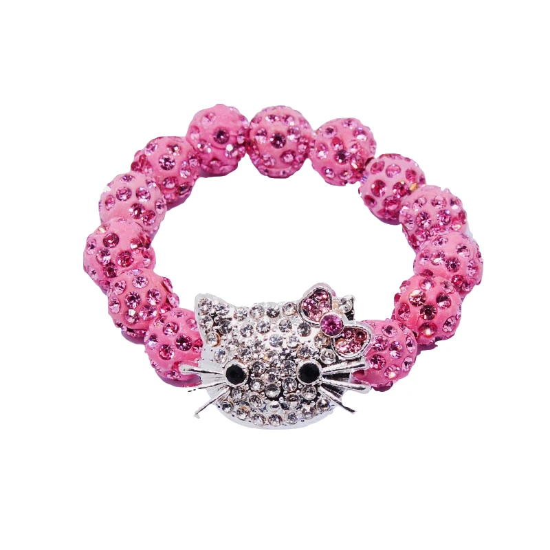 

Handmade Hello Kitty pink Clay Zircon Baby Pink Bracelets for Girl Kids Rope Beads Chain Wrap Charm Elastic Bangles party gift