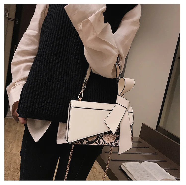 Women Handbag Snake Print Crossbody Bag 2019 New Elegant Bow Satchel Shoulder Tote Fashion Designer Khaki Black White Hand Bags (13)