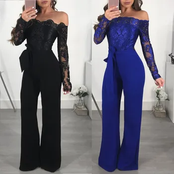 

2019 Women Ladies Casual Lace Off Shoulder Lace Up Jumpsuit Playsuit Wide Leg Romper 3.19