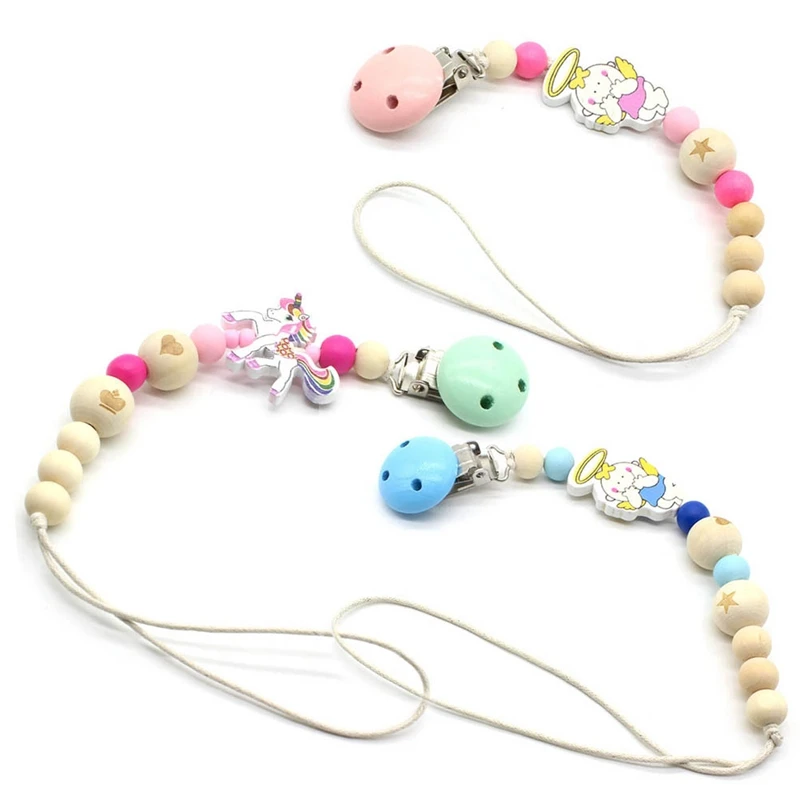 

Baby Pacifier Clip Chain Wooden Holder Soother Pacifier Clips Leash Strap Nipple Holder For Infant Feeding Unicorn Angel
