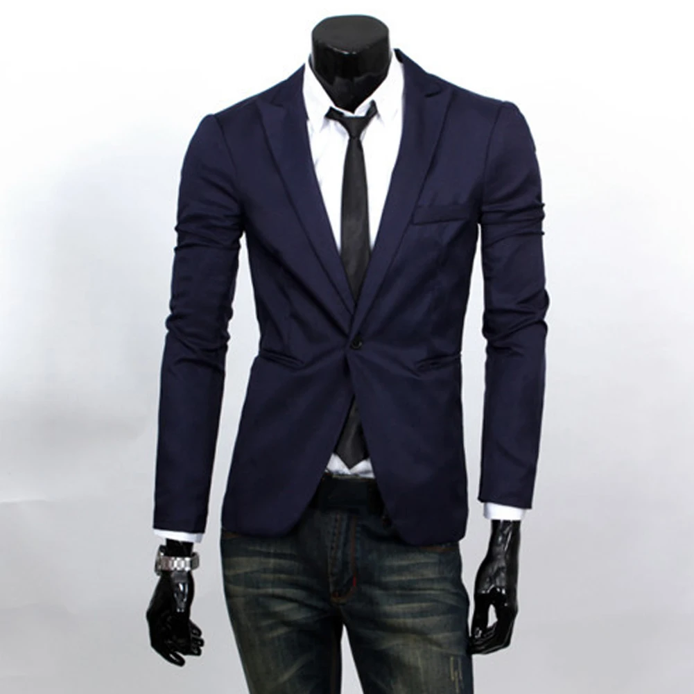 Модный Пиджак, Мужской приталенный однотонный повседневный костюм пиджак, пиджак, верхняя одежда, топ, деловой, офисный, Свадебный Мужской Блейзер - Цвет: Тёмно-синий