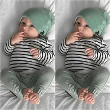 Newborn Baby Boy Girl Long Sleeve T-shirt Striped Tops Long Pants Hat 3PCS Outfits Set Cute Baby Cotton Clothes XMAS GIFT
