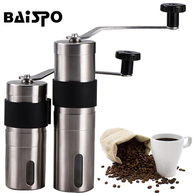 BAISPO دليل طاحونة القهوة الفولاذ المقاوم للصدأ قابل للغسل القهوة طاحونة اليد سيليكون Coffeeware حبوب البن مطحنة التوابل آلة