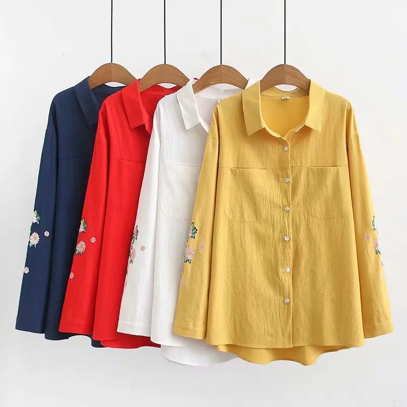 Plus Size Casual Blouses 2019 Autumn Women Fashion Loose Long Sleeve Washable cotton embroidery Shirts S83-061 |