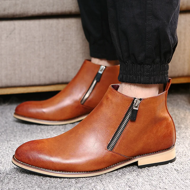 

Spring Autumn Pointed Toe Casual Chelsea Boots Men Rome Sewing Zip Low Martin Boots Fashion Solid PU Ankle Motorcycle Shoes