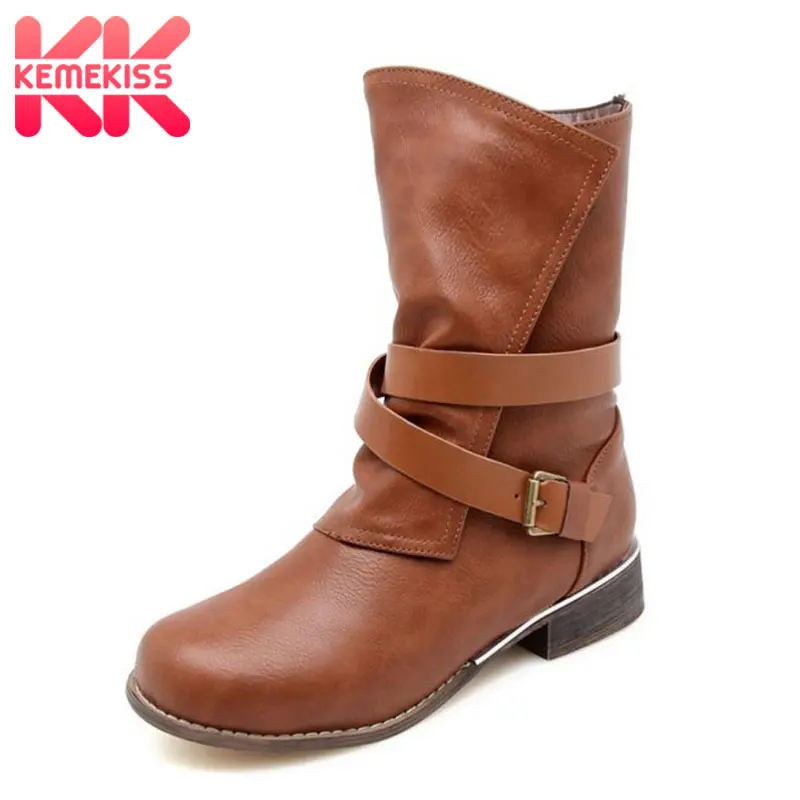 

KemeKiss Size 34-48 Women Flat Boots Half Short Shoes Winter Warm Boots Women Fur Buckle Zipper Round Toe Cross Strap Footwear