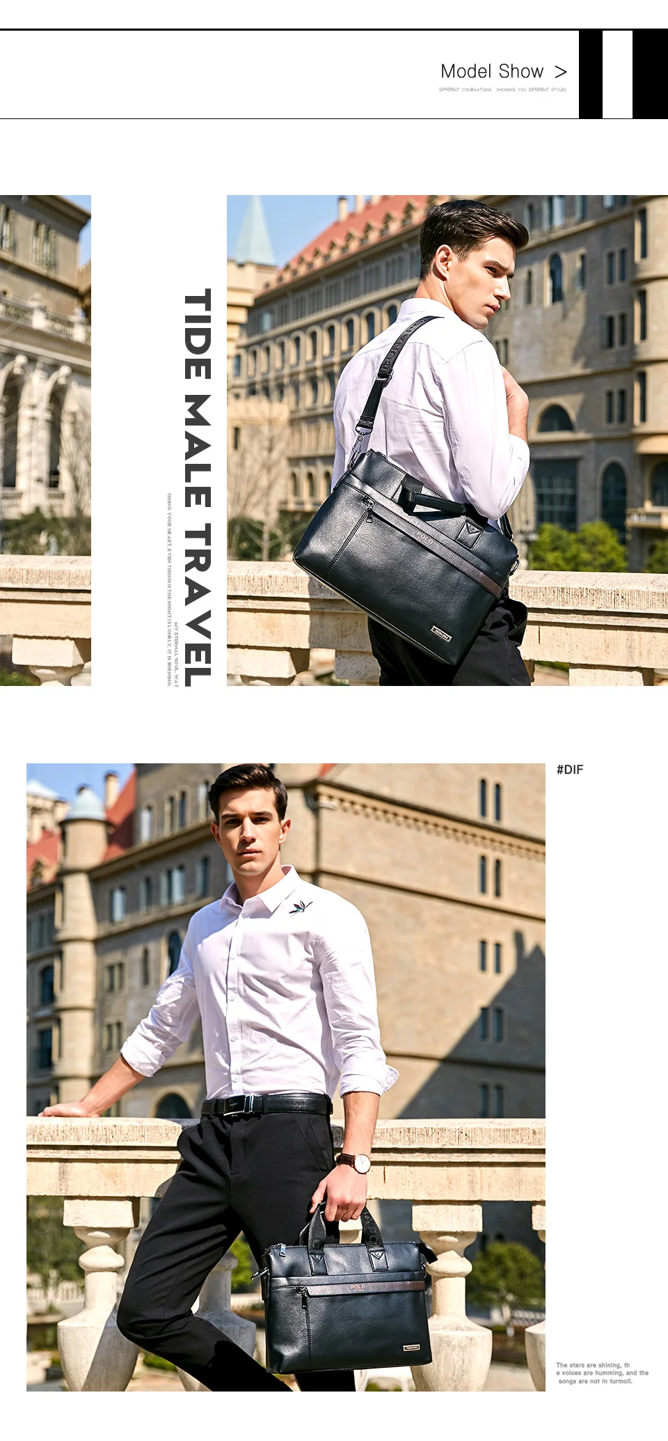 business man showing a leather laptop bag