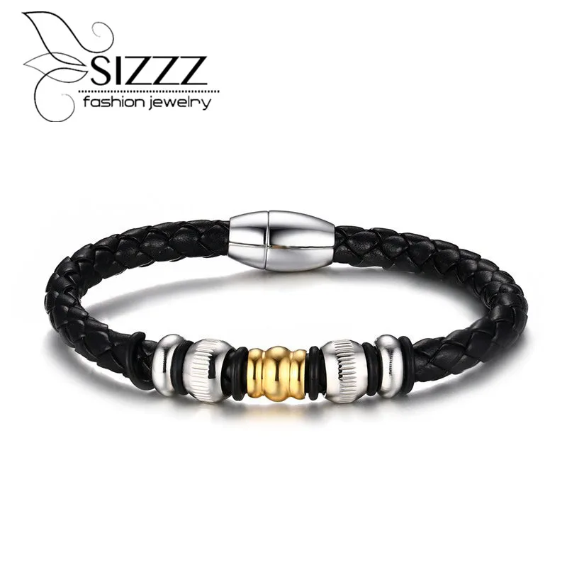 

SIZZZ 6MM wide stainless steel magnet buckle PU fashion jewelry bracelet&bangles for men