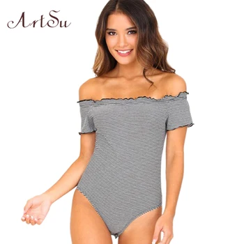 

ArtSu Sexy Stripe Off Shoulder Bodysuit Ruffle Women Jumpsuit Beach Short Sleeve 2018 Summer Backless Body Slim Top ASJU30347
