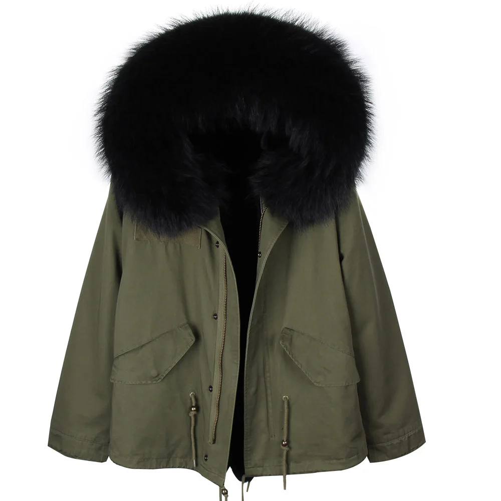 Брендовая Новинка, осенне-зимняя куртка, пальто для женщин, армейская зеленая куртка, настоящий большой воротник из меха енота, натуральный мех кролика, толстая теплая подкладка