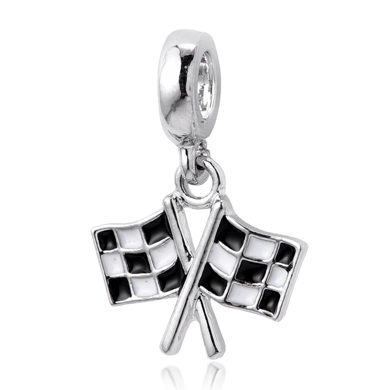 1PC New Beads Racing flag Hanging Pendants Silver Plated Dangle Charms
