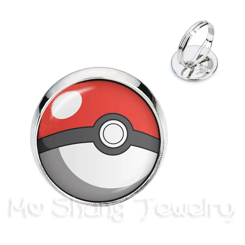 

1PC 16mm Glass Cabochon Pokemon Ball Pattern Charm Silver/Golder Plated 2 Color Adjustable Rings For Women Girls Gift
