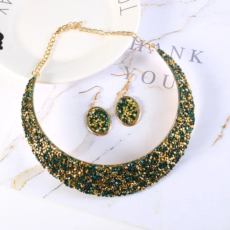 

High Grade Rhinestone Gold Green Color Alloy Choker Necklace and Drop Earring Jewelry Set For Women Party Gift