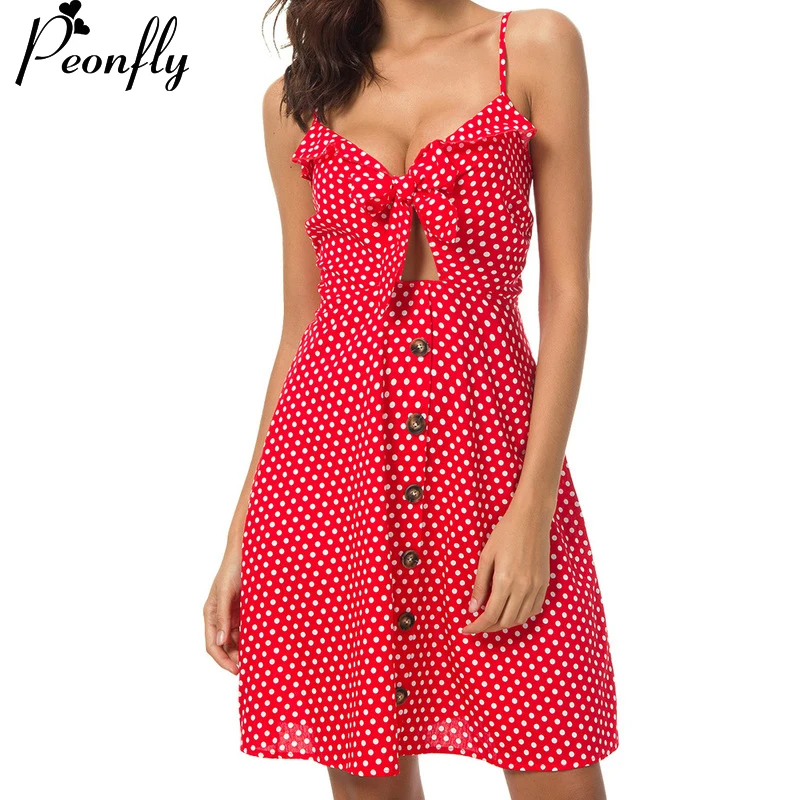 PEONFLY Cotton Dress For Women Strap Dot Print Tunic Beach Party Dress Midi Length Summer Sundress Robe Femme