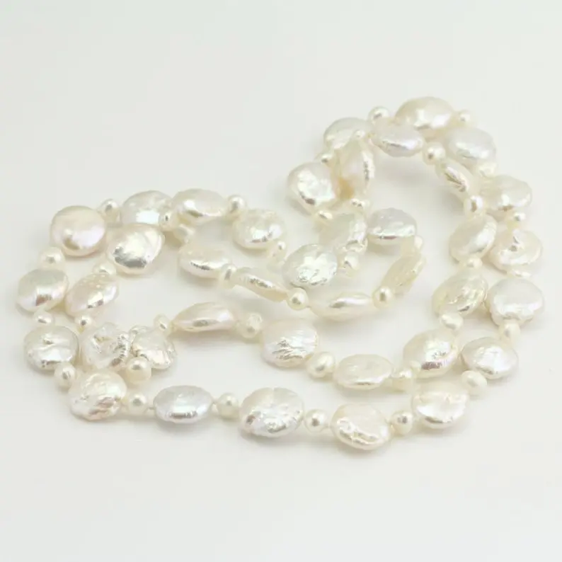 

Unique Pearls jewellery Store,30inch Real Pearl Necklace,11-12mm White Coin Freshwater Pearl Necklace,Bridesmaids Gift