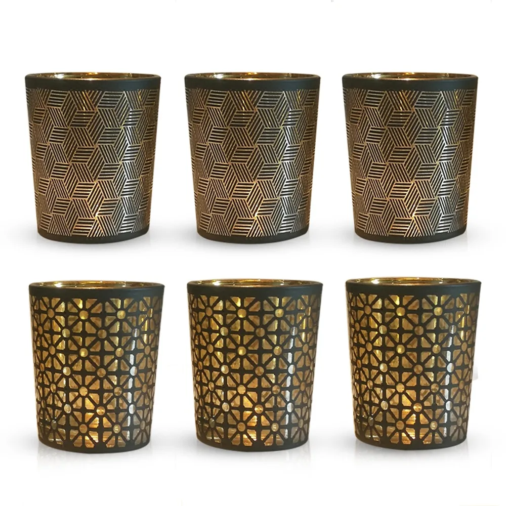 6pcs Votive Glass Candles Holder Set Black Gold Lattice Line Style Art Candlestick Tealight Candle Holder Wedding Home Decor