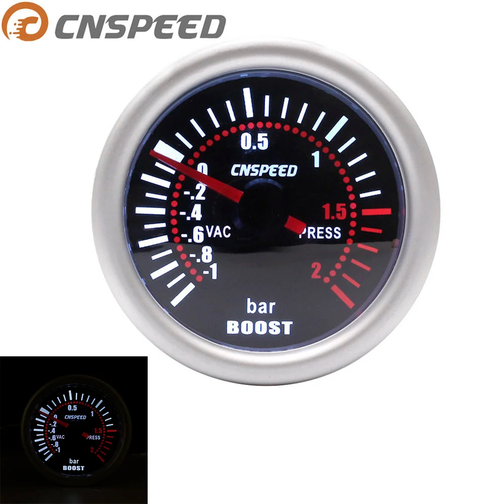

CNSPEED Auto Car Turbo Boost Gauge -1~0~2 BAR 2" 52mm Universal Smoke Len 12V Pointer Turbo Boost Bar Meter Digital White LED