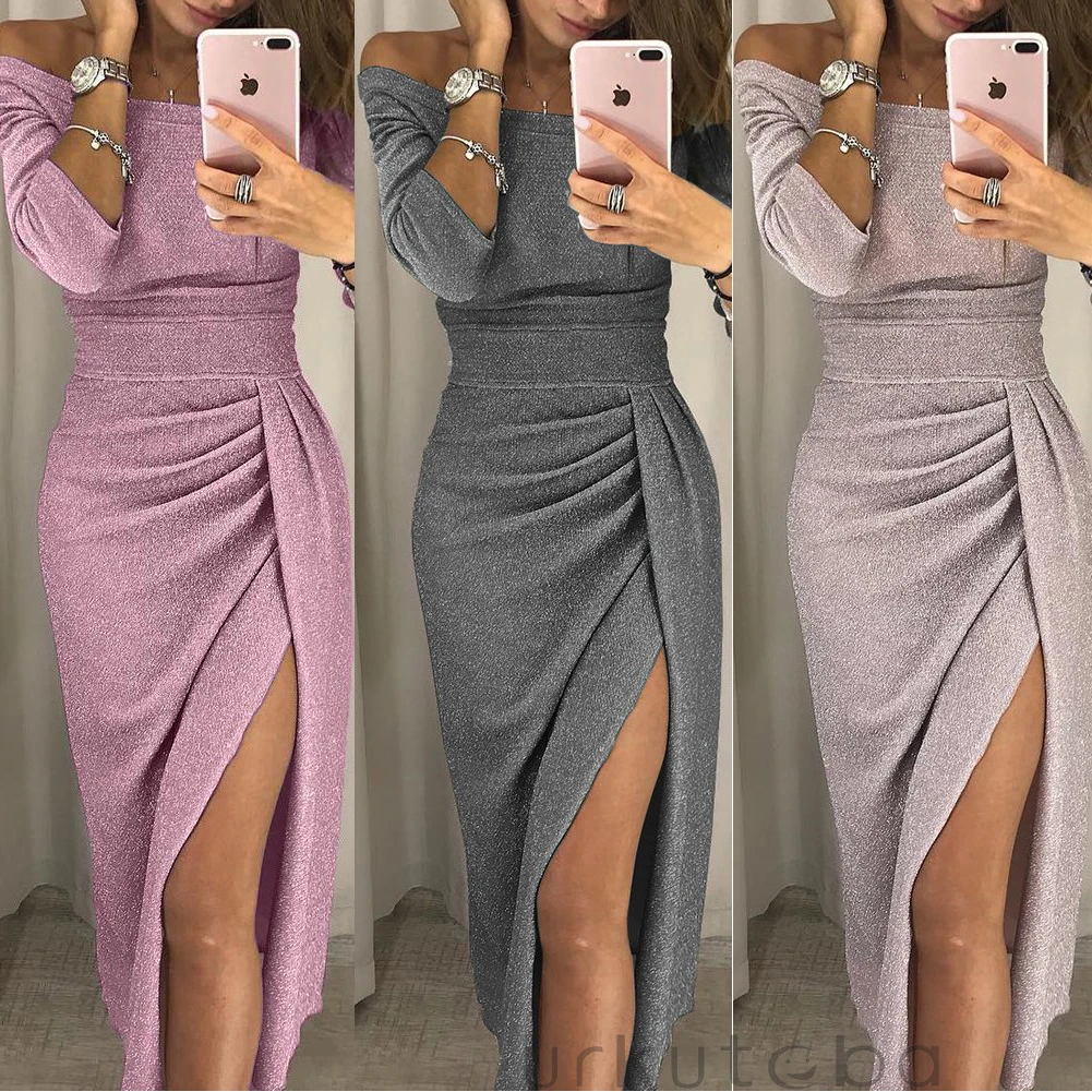

Fashion Long Sleeve Off Shoulder Bodycon Party Dress Women Sexy Slim Sheath High Cut Split Evening Long Dresses Female Vestidos