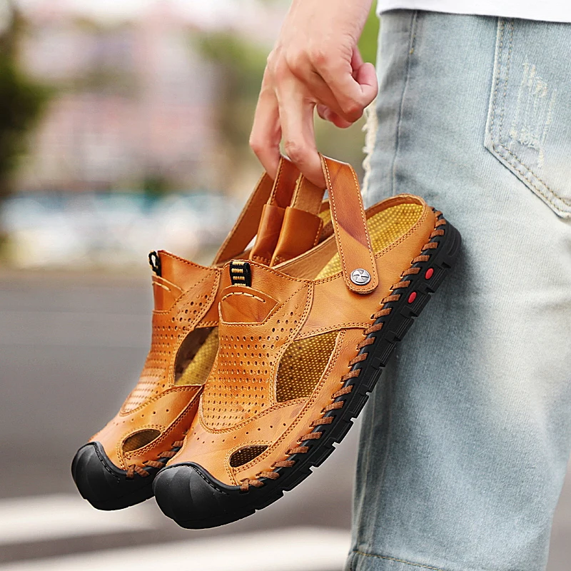 mens leather croc sandals
