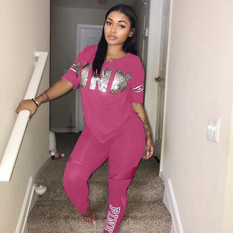Peças de Macacão Camiseta e Calça Rosa com Letras Fanco Conjunto Feminino Skinny Listrada Sexy Casual 2
