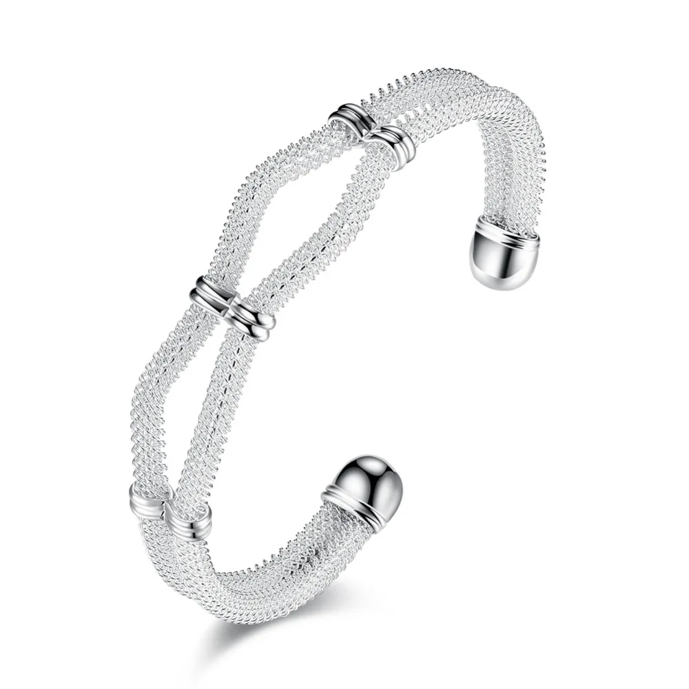 

2018 NEW 925 silver Bangle two mesh line cross flower silver open cuff bangle bracelet for women men's jewelry pulseira feminina