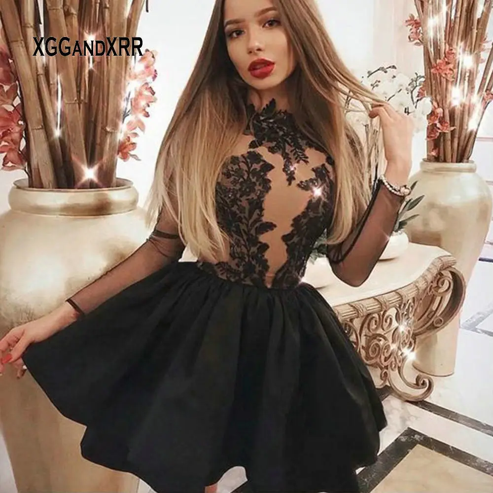 

B615 Black Short Prom Dress 2019 O Neck Long Sleeves Party Gown Illusion Back Elegant vestidos de festa Homecoming Gown