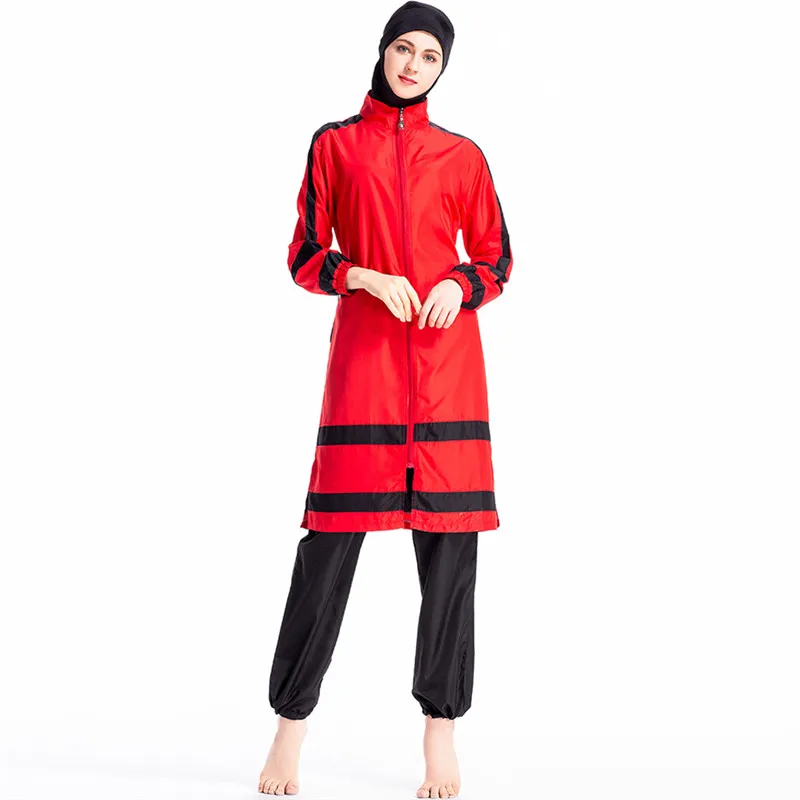 Мусульманский женский купальник, Женский Мусульманский купальник для мусульман, скромный купальник, брюки с капюшоном, из трех частей, модный пляжный купальник - Цвет: Red