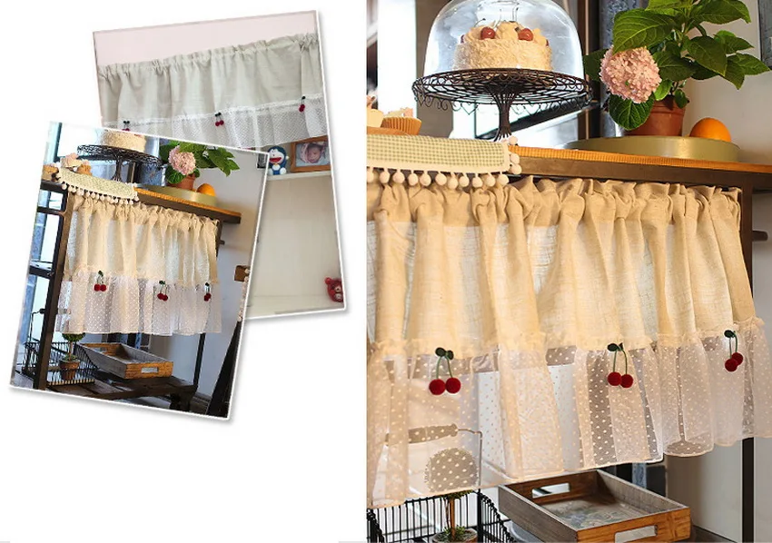 1 PCS Rod Pocket Cherry Lace Half Curtain Living Room Divided Beige Linen Short Curtain Kitchen Cabinet Cafe Drapes Home QT048D3