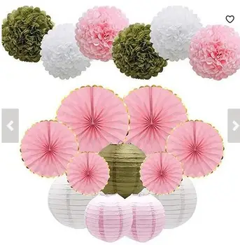 

17pcs Party Decor Supplies Set, Pink Gold Tissue Paper Pom Poms Flowers Paper Lanterns Hanging Paper Fans