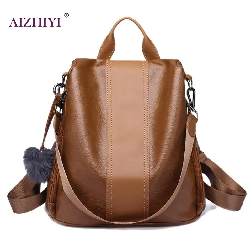 

Female Fashion Casual Solid Color Knapsack Women Large Backpacks Girls Retro Big Anti-theft PU Leather Rucksack Shoulder Bags