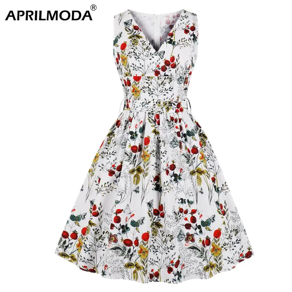 

Plus Size Women 50s Print Dress Summer Sleeveless Belt Fruit Tree Printed Vestidos Rockabilly Vintage Party Dress Casual Dresses
