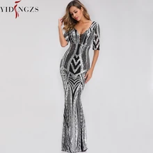 YIDINGZS V образным вырезом серебряные блестки вечернее платье Половина рукава официальное длинное вечернее платье YD663