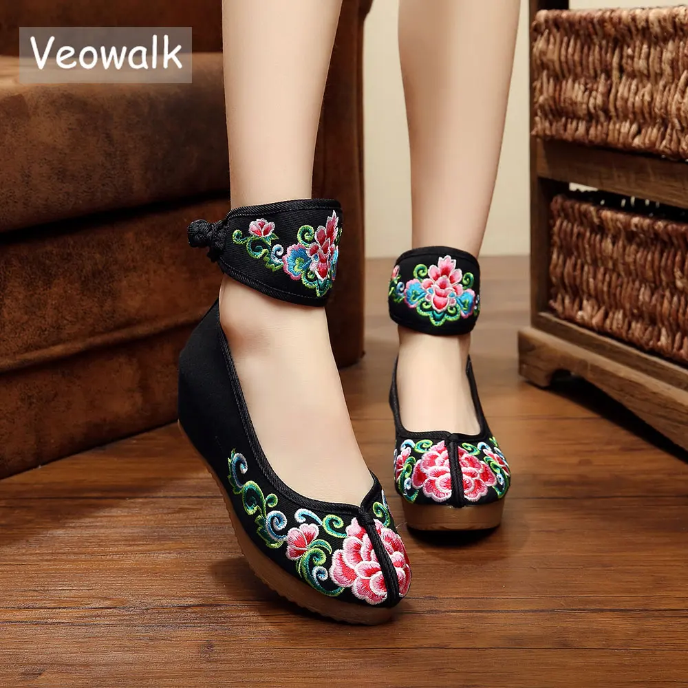 Veowalk Vintage Women Shoes Ankle Wrap Canvas Flats Platforms Ladies