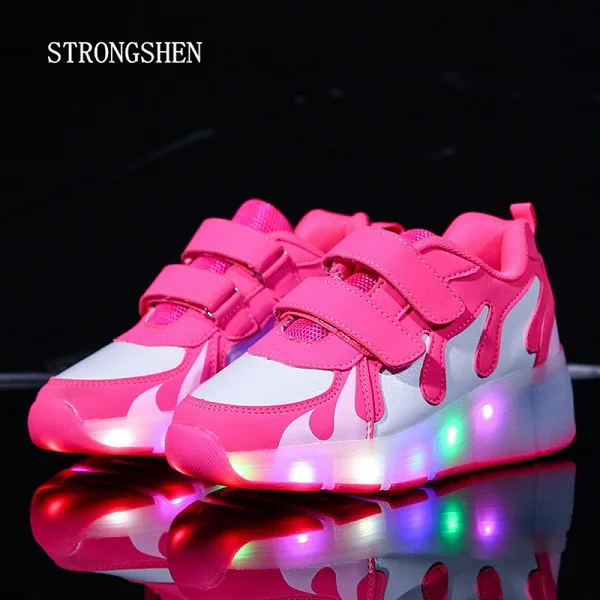 

STRONGSHEN 2017 Kids Shoes with LED Lights Children Shoes  with Wheels Kids Sneakers with Led Light Up for Boys Girls Pink Red