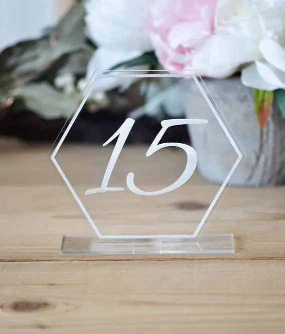 Laser Cut clear Acrylic wedding Hexagon table numbers, Free Standing
