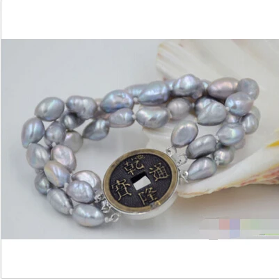 

P4782 3row 8" 10mm gray baroque freshwater cultured pearl bracelet@^Noble style Natural Fine jewe SHIPPING 5.25