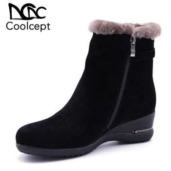 

CoolCept Women Plush Fur Boots Warm Real Leather Half Short Women'S Shoes Wedge Side Zipper Botas Winter Footwear Size 36-41