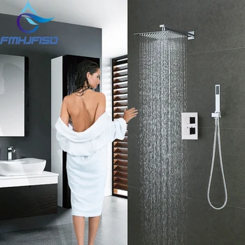 

Thermostatic 12" Square Rain Shower Faucet Set Valve Mixer Tap Hand Shower