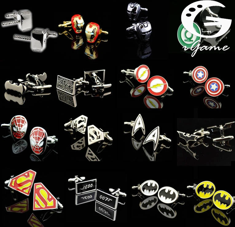 

Promotion! Superhero Cuff Link retail superman ironman spiderman starwars captain flash green lanten batman 007 free shipping