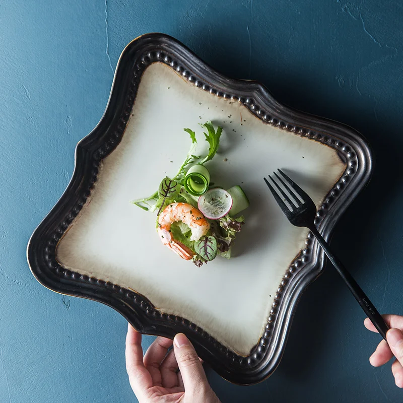 

EECAMAIL Creative European Retro Ceramic Tableware Steak Plate Western Dish Salad Plate Square Plate Fruit Plate