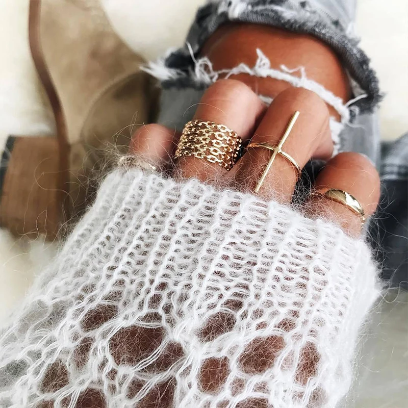 

7 Pcs/ Set Punk Geometry Hollow Circular Cross Ring Simple Women Midi Finger Ring Set Personalized Clothing Accessories
