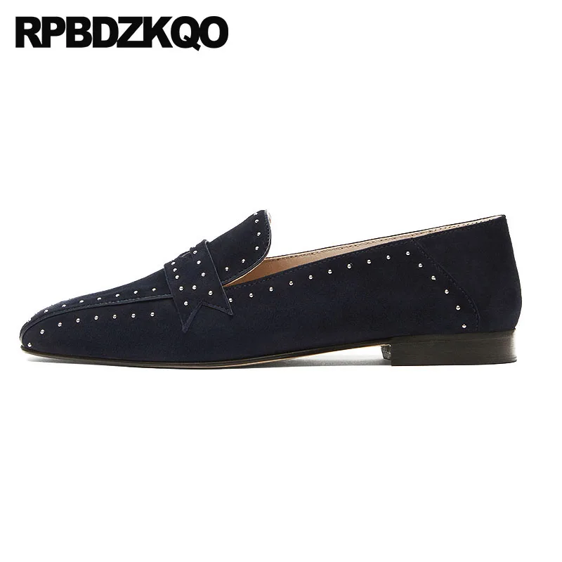 

Square Toe Loafers Rivet Ladies Black China Wide Fit Shoes Comfortable Slip On Women Female Designer Chinese Flats Stud Suede