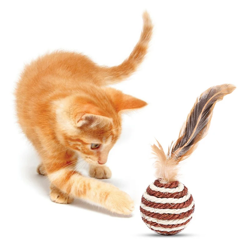 Pet Cat Sisal Ball Toys With Feather Colorful Woven Rolling Ball Kitten